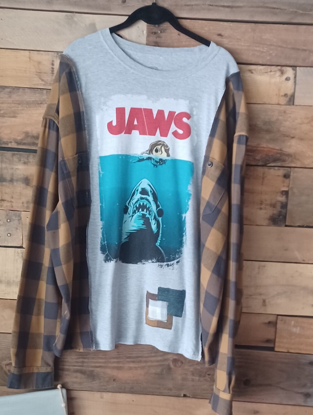 Upcycled JAWS Graphic Tee in Heather Gray with Teal & Red Print